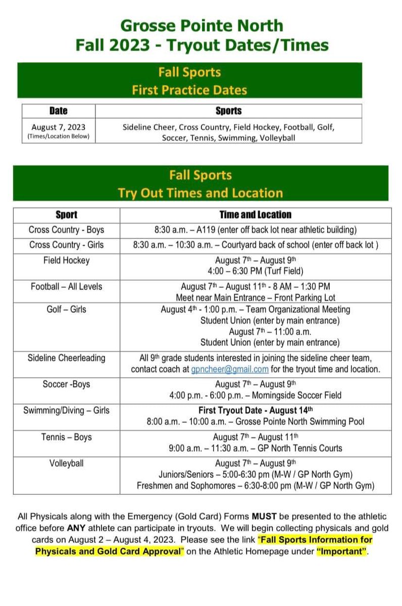 Fall sports are quickly approaching, here are some dates for tryouts. Gold Cards are needed for tryouts. North is having a day to get physicals, click on the link to sign up. signupgenius.com/go/30e0b4fa5ae…