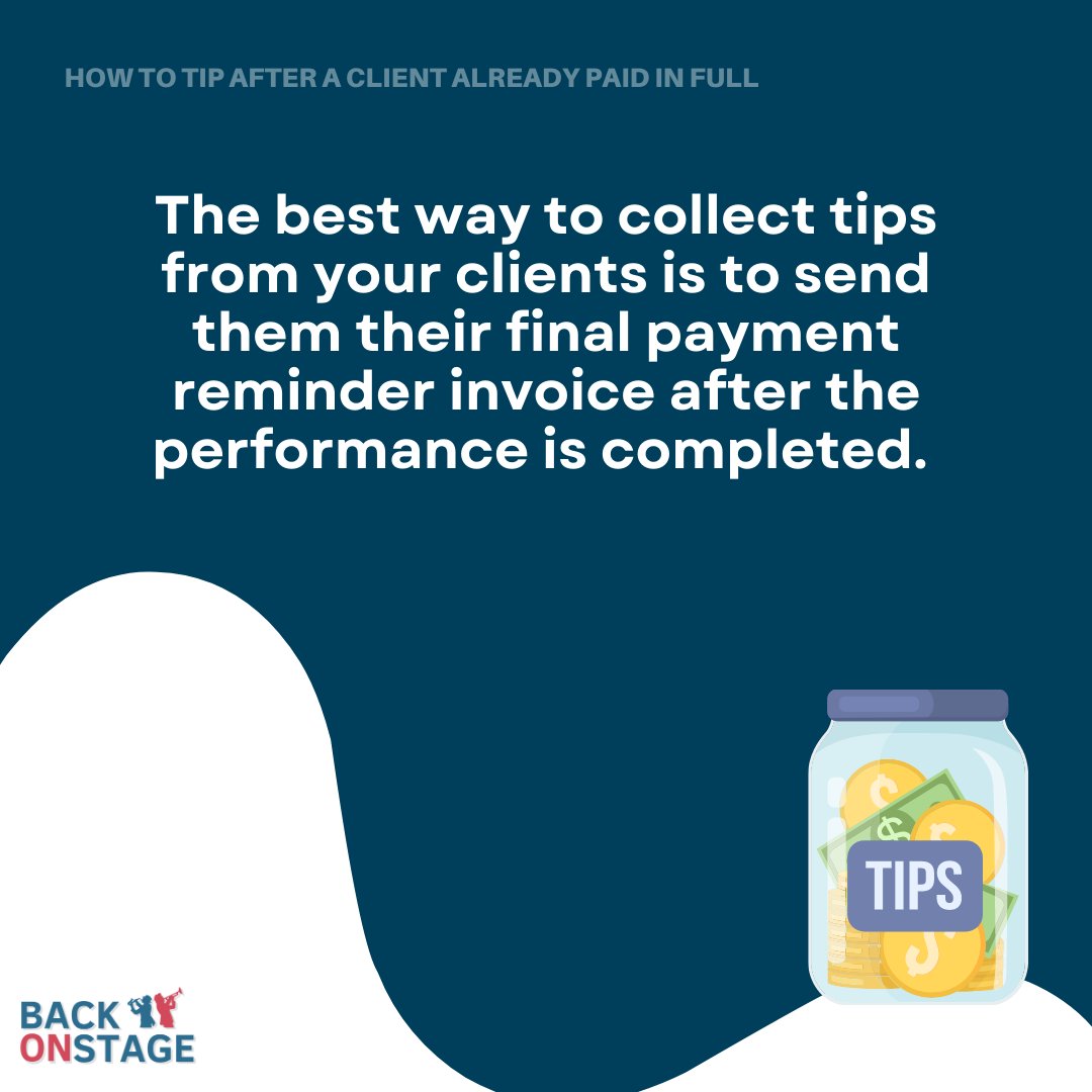 BackOnStageApp's tweet image. ✨ Discover a workaround for adding tips to fully paid invoices on Back on Stage. Increase your chances of receiving extra appreciation from #clients. 💡💸 bit.ly/3JvOf0R 

#InvoiceTips #BandManagementApp #BandApps #BandApp