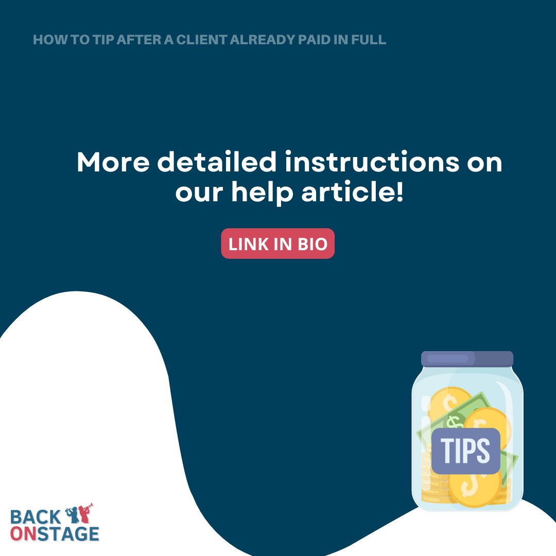 BackOnStageApp's tweet image. ✨ Discover a workaround for adding tips to fully paid invoices on Back on Stage. Increase your chances of receiving extra appreciation from #clients. 💡💸 bit.ly/3JvOf0R 

#InvoiceTips #BandManagementApp #BandApps #BandApp