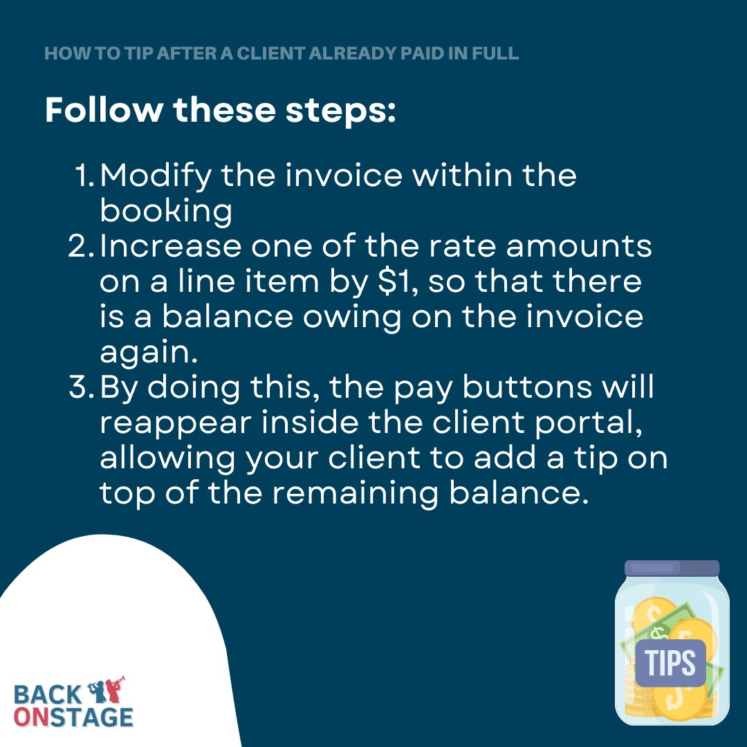 BackOnStageApp's tweet image. ✨ Discover a workaround for adding tips to fully paid invoices on Back on Stage. Increase your chances of receiving extra appreciation from #clients. 💡💸 bit.ly/3JvOf0R 

#InvoiceTips #BandManagementApp #BandApps #BandApp