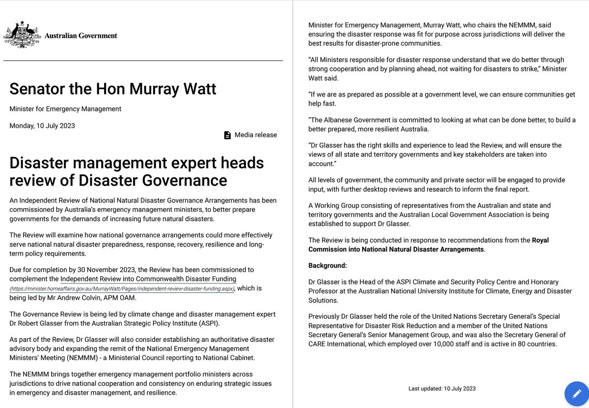 LeadAbilityGrp's tweet image. Australia’s emergency management ministers have commissioned an ‘Independent Review of National Natural Disaster Governance Arrangements’. Dr Robert Glasser is leading the Review and I’m honoured to be Dr Glasser’s Deputy Lead #preparedness #resilience #adaptation