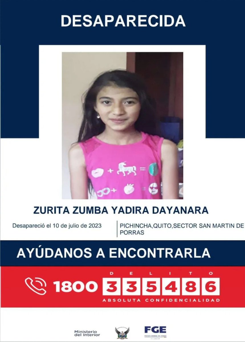 PoliciaEcuador's tweet photo. AYÚDANOS A ENCONTRARLA

A Zurita Zumba Yadira Dayanara reportada como desaparecida desde el 10 de julio de 2023,  en Pichincha, Quito, Sector San Martín de Porras.

📞 Si tienes información comunícate al 1800 DELITO (335486)

#TrabajamosPorTuSeguridad https://t.co/fcb3iXXGpj