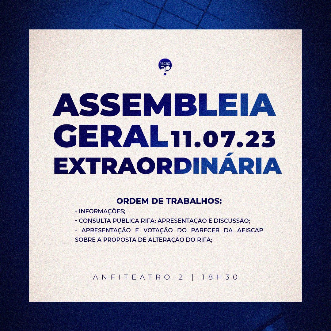 Colegas,

Informamos que amanhã, dia 11 de julho, pelas 18H30, realizar-se-á uma Assembleia Geral Extraordinária, no Anfiteatro 2, com a ordem de trabalhos descrita.

Contamos com a presença de todos!