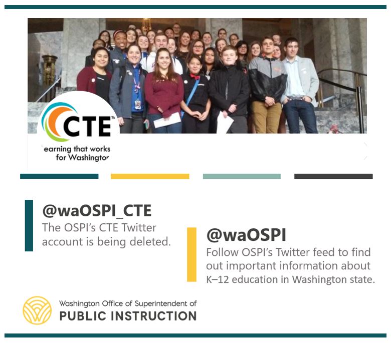 CTE - Washington (@waospi_cte) on Twitter photo DYK? OSPI’s CTE Twitter account is being discontinued. Please follow <a href="/waOSPI/">WA State OSPI</a> for all things K–12 education in Washington state. Thank you! #CTE #CTEWorks #waedu DYK? OSPI’s CTE Twitter account is being discontinued. Please follow <a href="/waOSPI/">WA State OSPI</a> for all things K–12 education in Washington state. Thank you! #CTE #CTEWorks #waedu