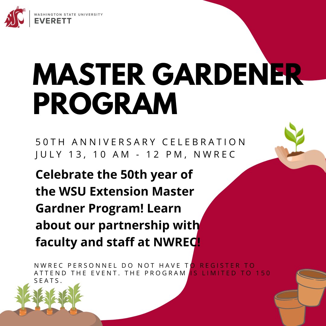 Celebrate the 50th Anniversary of the WSU Extension Master Gardener Program! 🎉 Join us to learn about their partnership with NWREC and more. Don't miss this special event! Click the link for details: bit.ly/46UYaaz  🌼 #MasterGardener50th #GardeningFun