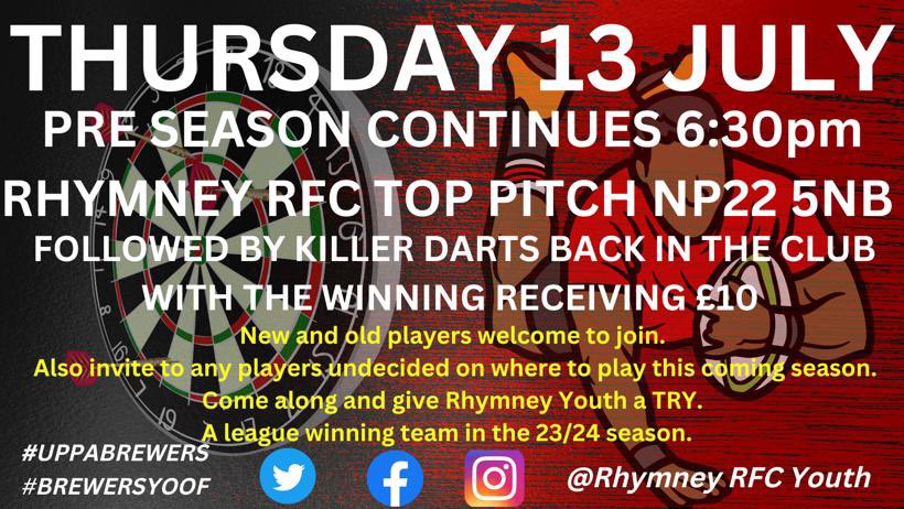 Pre season continues tomorrow and Thursday this week Rhymney RFC Top Pitch from 6:30pm followed by Killer Darts team bonding night in the club on Thursday. Come along and #GetInvolved 🔴⚫️🏉