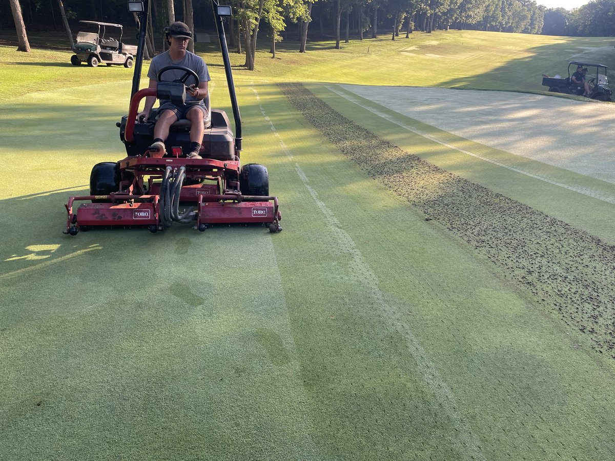 seanfberger's tweet photo. @CeresTurf_Inc Did ours this morning!  Excited to see the results.  We are going out once a month this summer with the viper tines.  Also did a slice ahead of the aerification. https://t.co/Hx6vDnvdyx