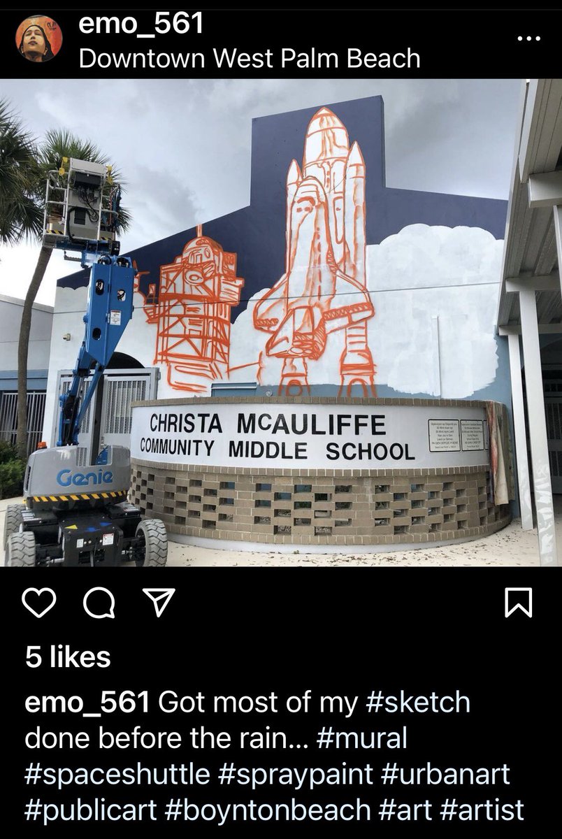 DRGRAYDON2's tweet image. I’m so excited. The time has finally come. Today was day 1 for local artist Ed Mendieta. @CMMSPrincipal is blessed to have him on our campus to give us his rendering of the Challenger launch on our main entrance. #art #culture #makelearningfun #ilovemyjob