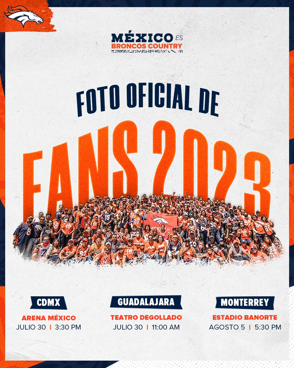 BroncosEspanol's tweet photo. 📣 ¡APARTEN LA FECHA! 📣

Estas son las fechas de la Foto Oficial de Fans 2023 para Ciudad de México, Guadalajara y Monterrey.

¿En qué otra ciudad planean reunirse? – ¡Cuéntanos!

México es #BroncosCountry 🇲🇽 https://t.co/ui6SaYffxD