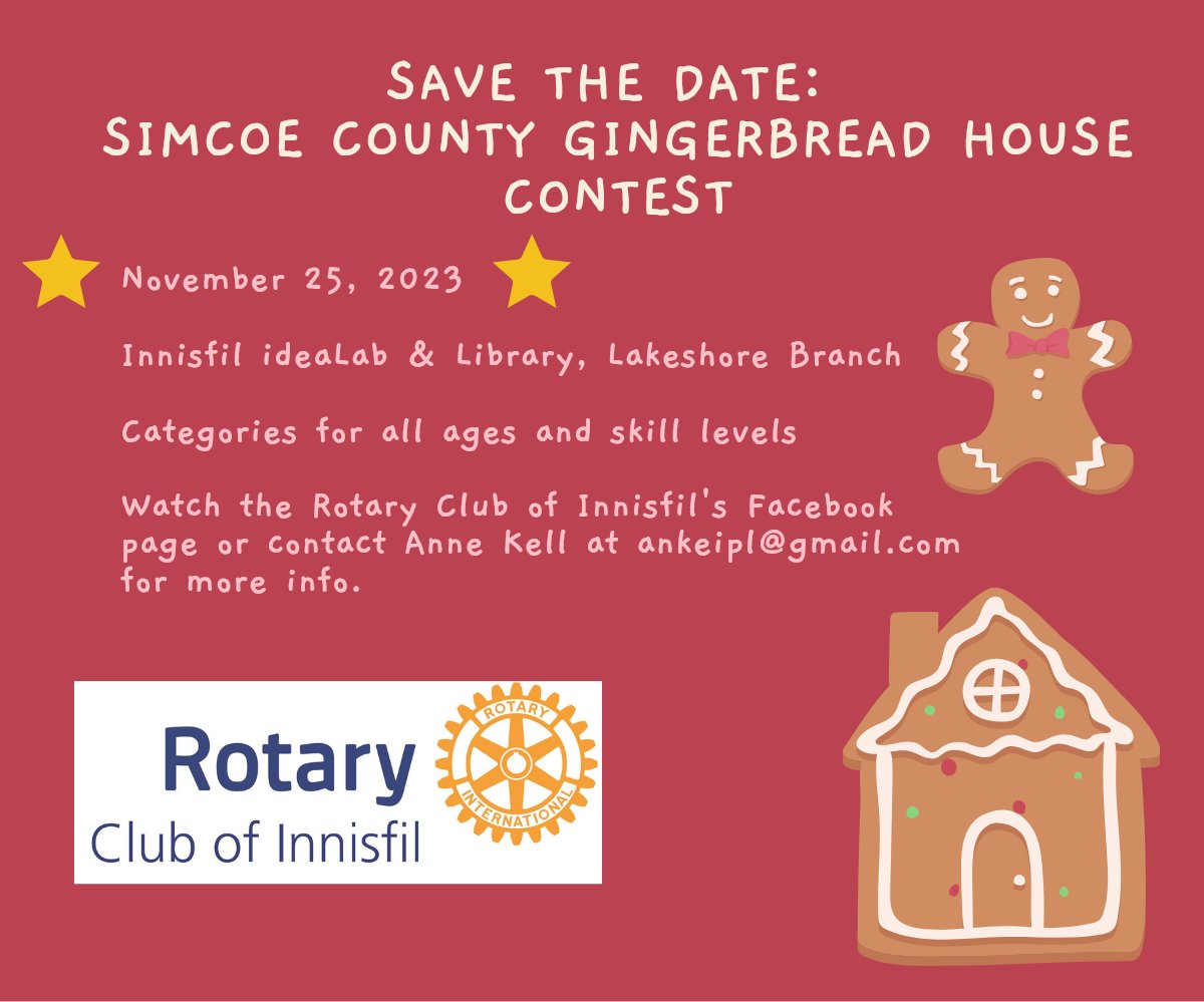 rotaryinnisfil's tweet photo. Save the date!
The Simcoe County Gingerbread House Contest returns to @InnisfilideaLAB November 25.
We can't wait to see all the entries!
#gingerbread #gingerbreadcontest #Ontario #baking #innisfil #simcoecounty #toronto https://t.co/AkJqSTt44Z