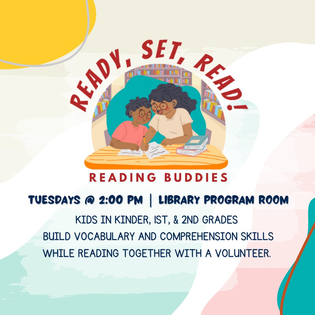 It's fun to read with a buddy. Our volunteers can help with the hard words. Tuesdays at 2 p.m. during Summer Reading. The last day is July 25. #DuncanvillePL #DuncanvilleTX