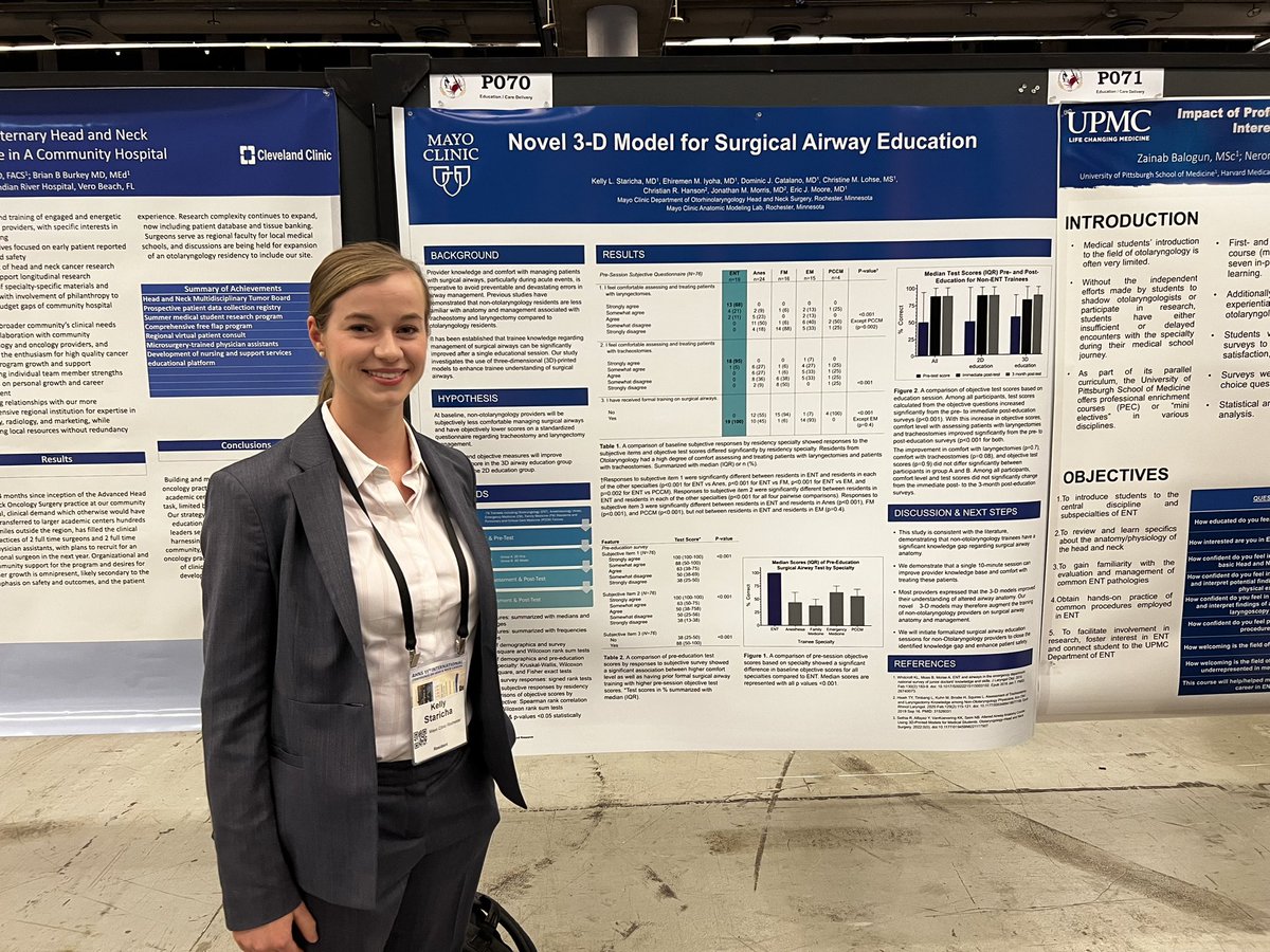 Mayo Clinic ENT Residency Program (@mayoentresident) on Twitter photo At the #Ahns2023 Poster Session displaying our work on #woundhealing with #PEPtherapy & 3D models for #SurgicalAirway education of non-ENT providers. Nicely done, MS4 Andrew and PGY4 <a href="/KellyStaricha/">Kelly Staricha</a>
<a href="/MayoClinicENT/">Mayo Clinic ENT</a> #headandnecksurgery #reconstructivesurgery #otomatch #otomatch2024 At the #Ahns2023 Poster Session displaying our work on #woundhealing with #PEPtherapy & 3D models for #SurgicalAirway education of non-ENT providers. Nicely done, MS4 Andrew and PGY4 <a href="/KellyStaricha/">Kelly Staricha</a>
<a href="/MayoClinicENT/">Mayo Clinic ENT</a> #headandnecksurgery #reconstructivesurgery #otomatch #otomatch2024
