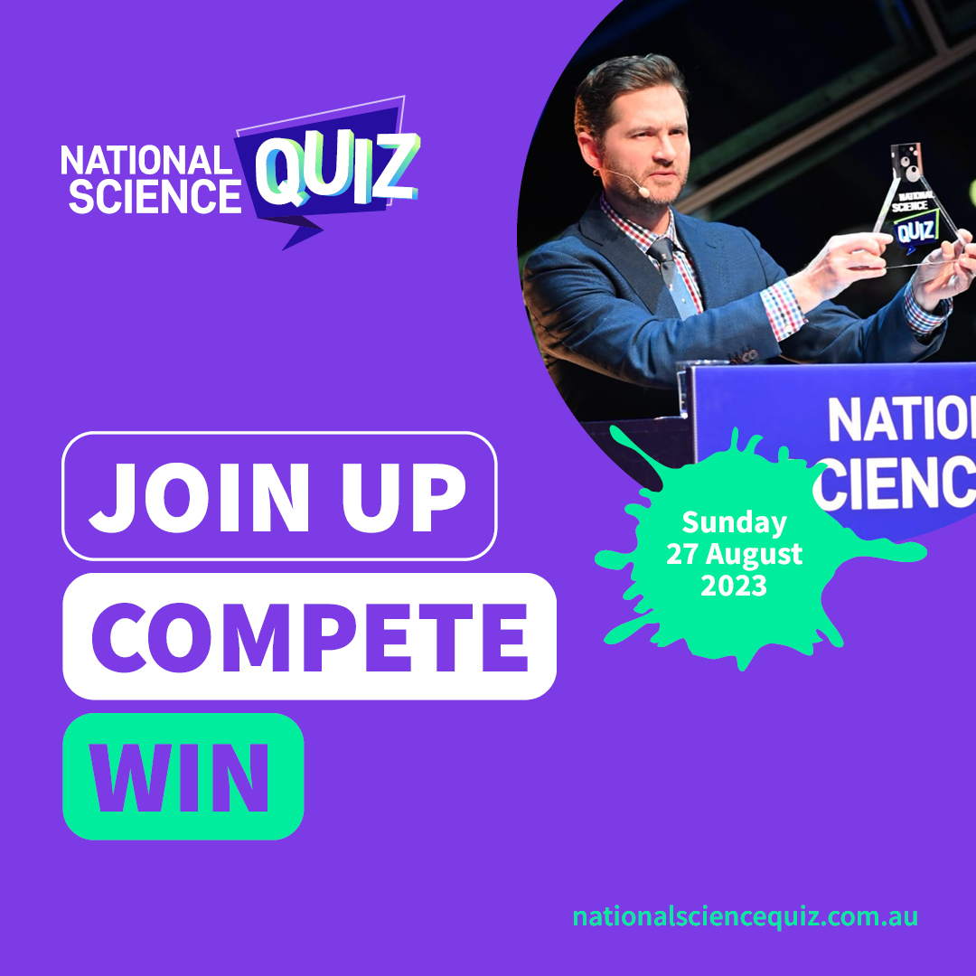 Join us for the National Science Quiz. 
Sunday, 27 August 2023 @ 3:30-5:00pm AEST.
Attend in-person at The Capitol, Melbourne. Tix now on sale. U18s free!  
Join remotely via live stream online. Register for the link. 
nationalsciencequiz.com.au 
#science #prizes #quiz <a href="/charliepick/">Charlie Pickering</a>