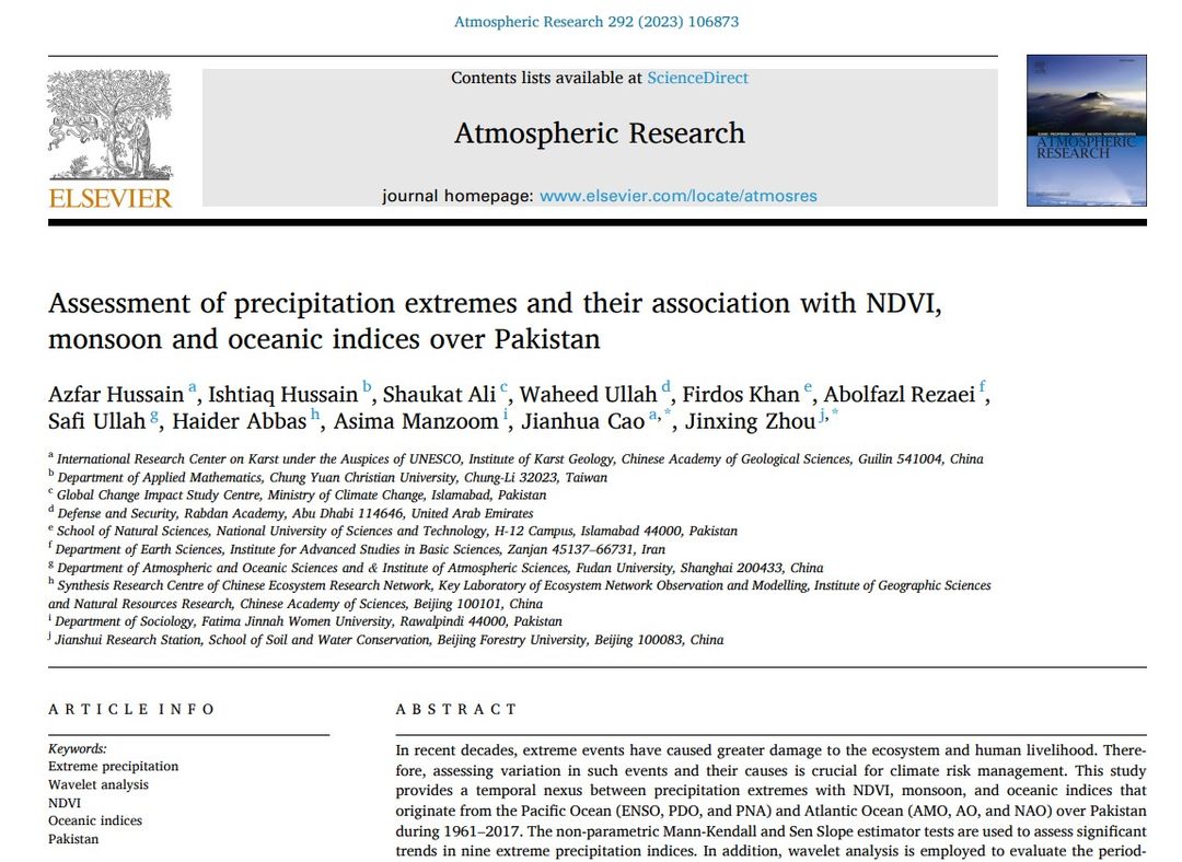 Happy to share our paper published in <a href="/AtmosResearch/">Λtmospheric Research</a>; explored the long-term changes in extreme precipitation in Pakistan and its association with NDVI, monsoon, and oceanic indicators. Interested can read, it is freely available for 50 days at  authors.elsevier.com/a/1hK0lcd3SJ4rF.