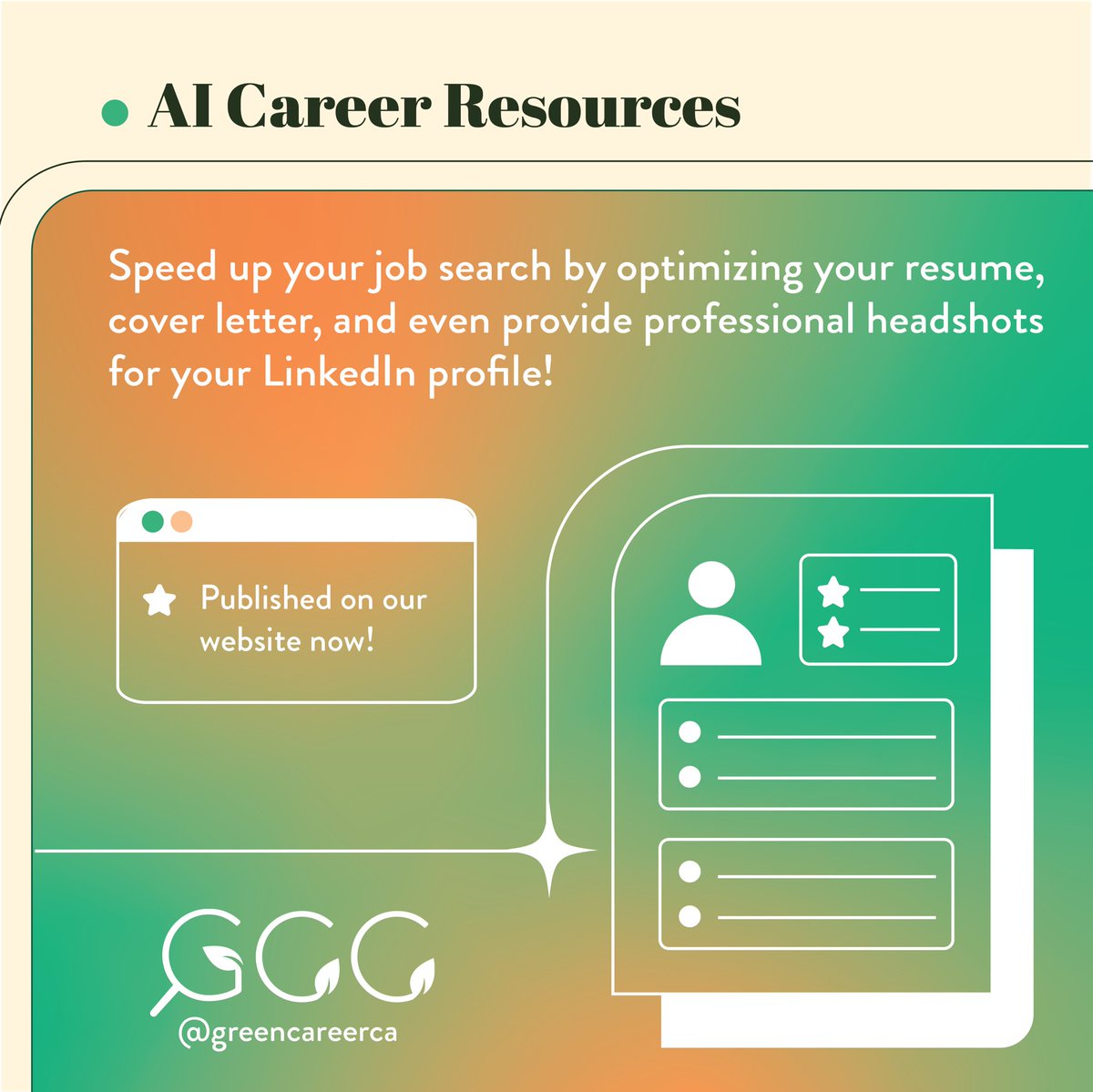 greencareerca's tweet photo. 🔍Ready to speed up your green job search?

👩🏽‍💻Try out the AI Career Resources on our website. There are free AI resources to help you optimize your resume, cover letter, and LinkedIn profile!

🔗Check it out on our site now!
 https://t.co/3N85BB3xLC https://t.co/7r2zkPMlyK