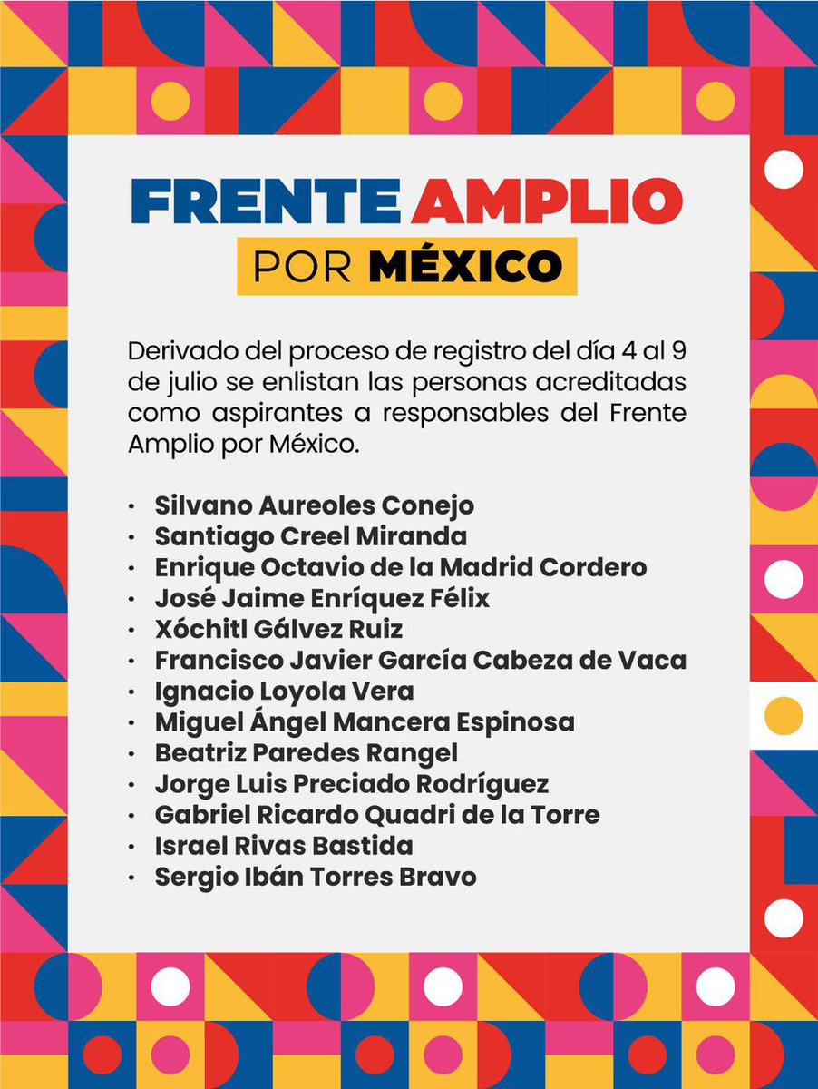 juarezveromex's tweet photo. Estas son las 13 personas de donde saldrá el o la responsable nacional del #FrenteAmplioPorMéxico, ahora a partir del miércoles 12 de julio comenzarán a recolectar por lo menos 150 mil firmas para continuar con el proceso https://t.co/UESUJJmhD4