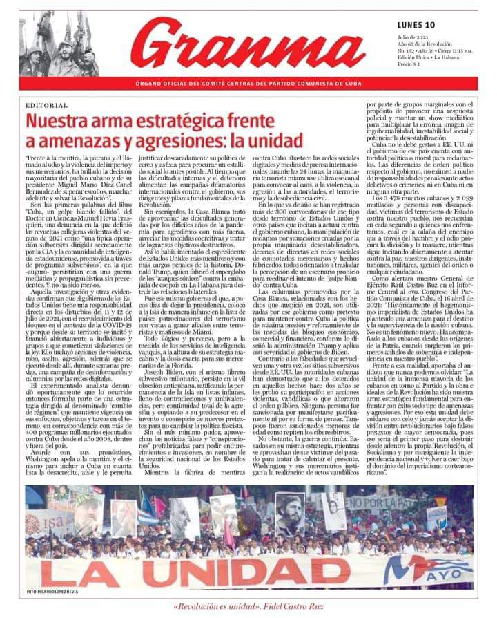 La respuesta del pueblo de #Cuba ante tanta incitación al odio y a la violencia, es y será siempre la unidad. 
Apoyo total al editorial del periódico Granma. 
#ConLaFuerzaDelPueblo 
#ConTodosLaVictoria