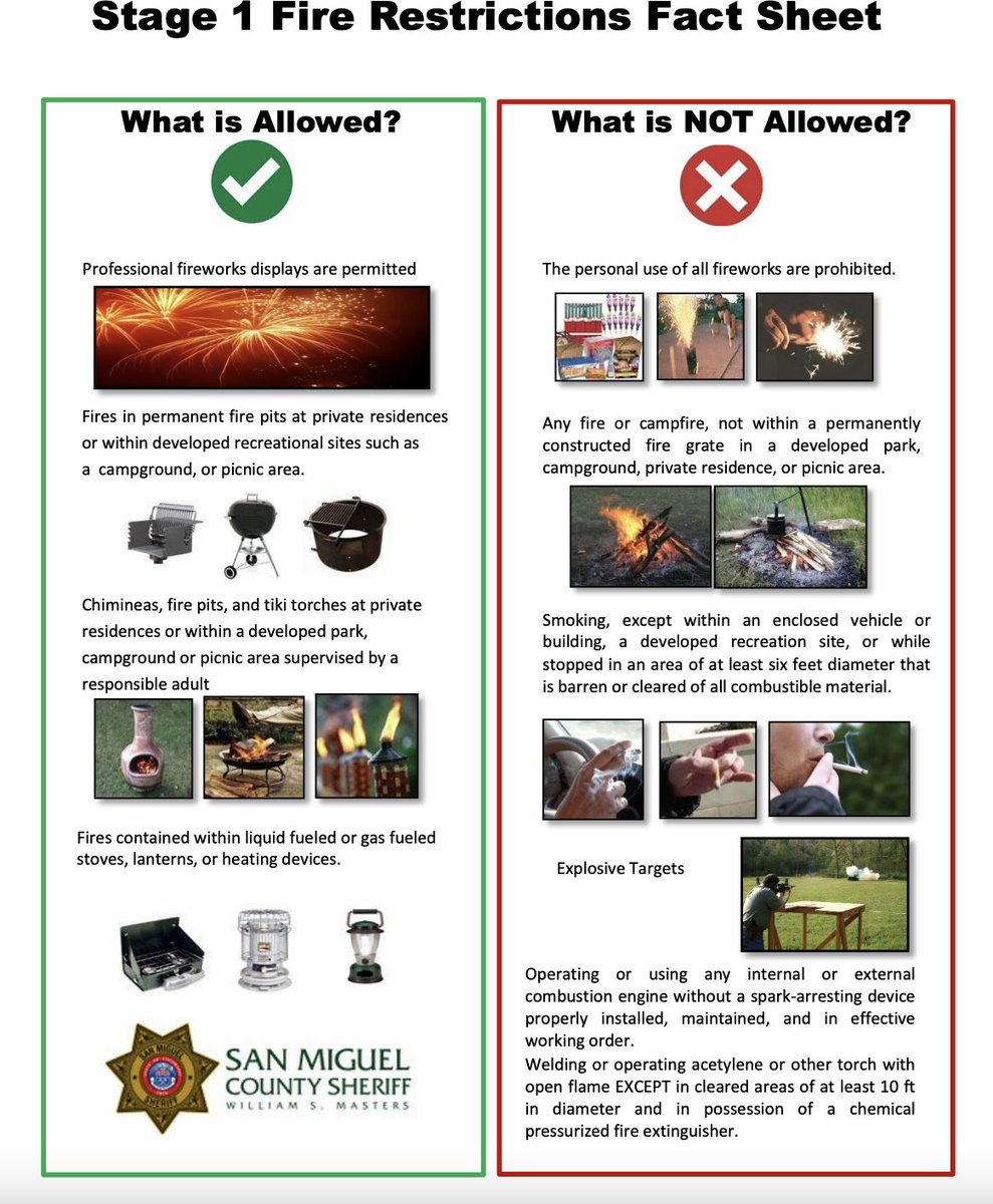 San Miguel County Sheriff Bill Masters has issued an order for Stage I fire restrictions for the Egnar Fire Protection District, effective 12:01 a.m. Wednesday, July 13. 
Read the full order here: bit.ly/3JT6s8G