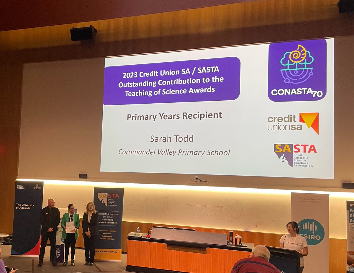 Congratulations to Sarah Todd - recipient of 2023 #SASTA outstanding primary science teacher award and passionate <a href="/CSIRO/">CSIRO</a>  #STEMProfessionalsinSchools participant. #CONASTA70