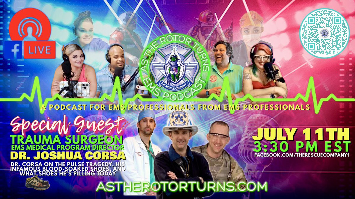 Join us on our official Facebook page 
Facebook.com/TheRescueCompa… tomorrow at 3:30 PM est for an all new episode of, #AsTheRotorTurns on #FacebookLIVE w/special guest, #TraumaSurgeon & #EMS Medical Program Director for @NCountyFireEMS #DrJoshuaCorsa! AsTheRotorTurns.com #podcast