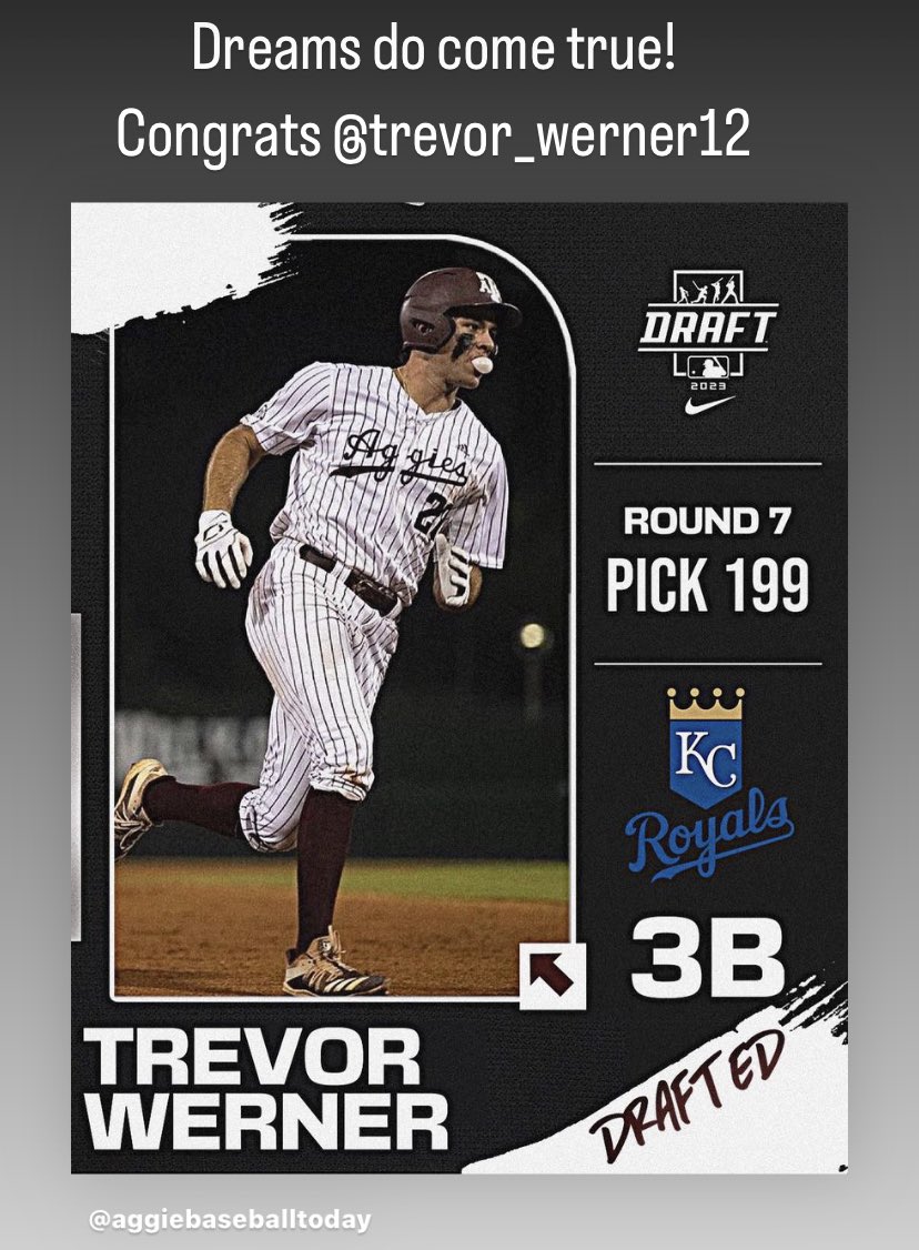 Congratulations to <a href="/TrevorWerner12/">Trevor Werner</a> for being drafted by the Kansas City Royals. From @Klein High Bearkat, <a href="/AggieBaseball/">Texas A&M Baseball</a> to <a href="/Royals/">Kansas City Royals</a> Baseball.  💙⚾️🤍