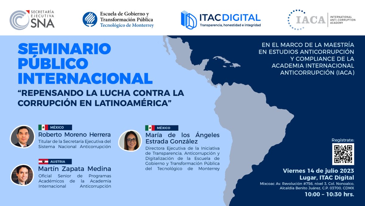 #Entérate 

🇲🇽 México es anfitrión del Seminario Público Internacional "Repensando la lucha contra la corrupción en Latinoamérica".

Organiza: <a href="/IACA_Academy/">IACA</a>, @itac_tec y #SESNA

📅14 de julio
⏳ 10:00 a 15:00 h.

Registro en➡️bit.ly/3XITdwZ

#AprendizajeAnticorrupción