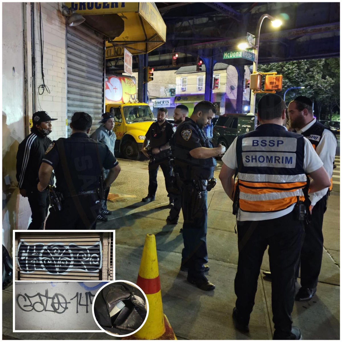 BPShomrim's tweet photo. Our volunteers out at 4am observed this pair vandalizing multiple properties in the area of McDonald and Foster with graffiti. @NYPD70Pct was notified, and the 2 vandals were subsequently arrested by responding officers. #CleanerStreets https://t.co/vz762RrrLw