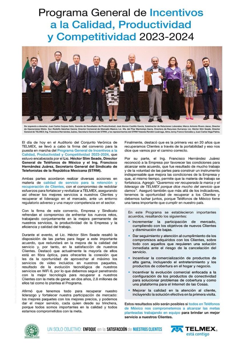 Hoy el Ing. <a href="/HernandezJuarez/">Fco Hernandez Juarez</a> Secretario General del #STRM y el Ing. <a href="/hectorslimseade/">Hector Slim Seade</a> Director de #TELMEX realizarón la firma del Programa de Incentivos a la Calidad, Productividad y Competitividad 2023-2024.