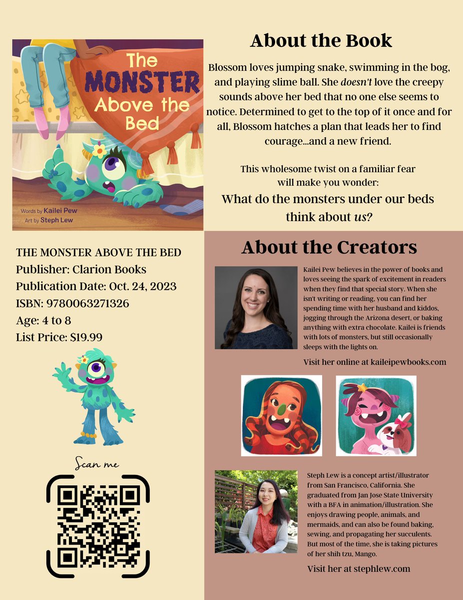 Updated Sale Sheet for THE MONSTER ABOVE THE BED by me and <a href="/StephLewArt/">Steph Lew</a> with our updated release date! 

Truly can't wait for you to meet Blossom. And it would mean the world to me if you would help us get the word out! 
Sign up for updates at kaileipewbooks.com/subscribe
