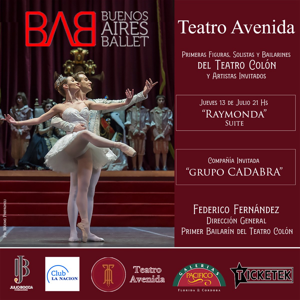 BUENOS AIRES BALLET
Jueves 13 de julio 21hs TEATRO AVENIDA
Primeras figuras del Teatro Colón, Teatro Argentino y artistas invitados. 
Participación especial de Grupo CADABRA!
CONSEGUÍ TUS ENTRADAS POR ACA👇
O directamente por boleteria del Teatro Avenida.
ticketek.com.ar/buenos-aires-b…