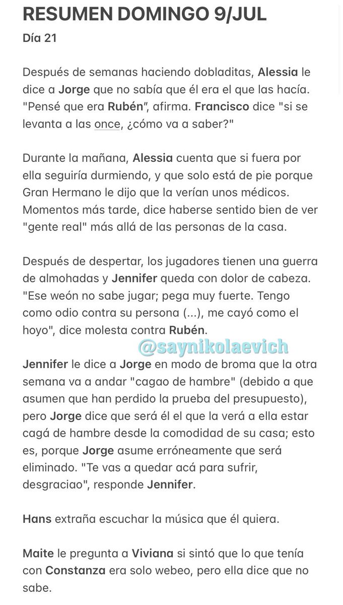 saynikolaevich's tweet photo. RESUMEN DOMINGO 9 DE JULIO // Creo que a estas alturas todos saben lo q pasó ayer, pero para el registro, aquí quedan todos los detalles. Probablemente el día con más contenido de la casa en lo q va de encierro. (Continúa abajo) 👇🏻👇🏻👇🏻 #GranhermanoCHV #GranHermanoChile #ResumenGH https://t.co/NN6Ijf6GdX