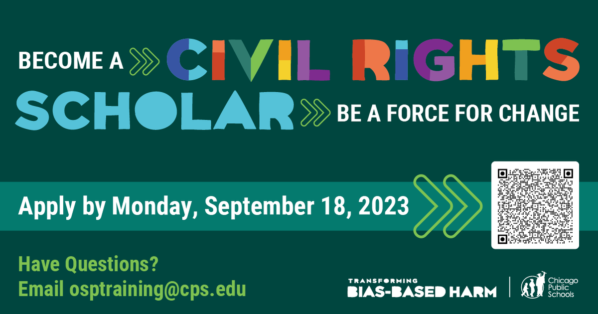 ChiPubSchools's tweet photo. Looking to learn, grow, and positively impact your community this school year? The 2023-2024 Civil Rights Scholars Program is the perfect opportunity to become a leader at your school. Learn more and apply today at https://t.co/reVGM9fpH6. https://t.co/56GgrziZnt