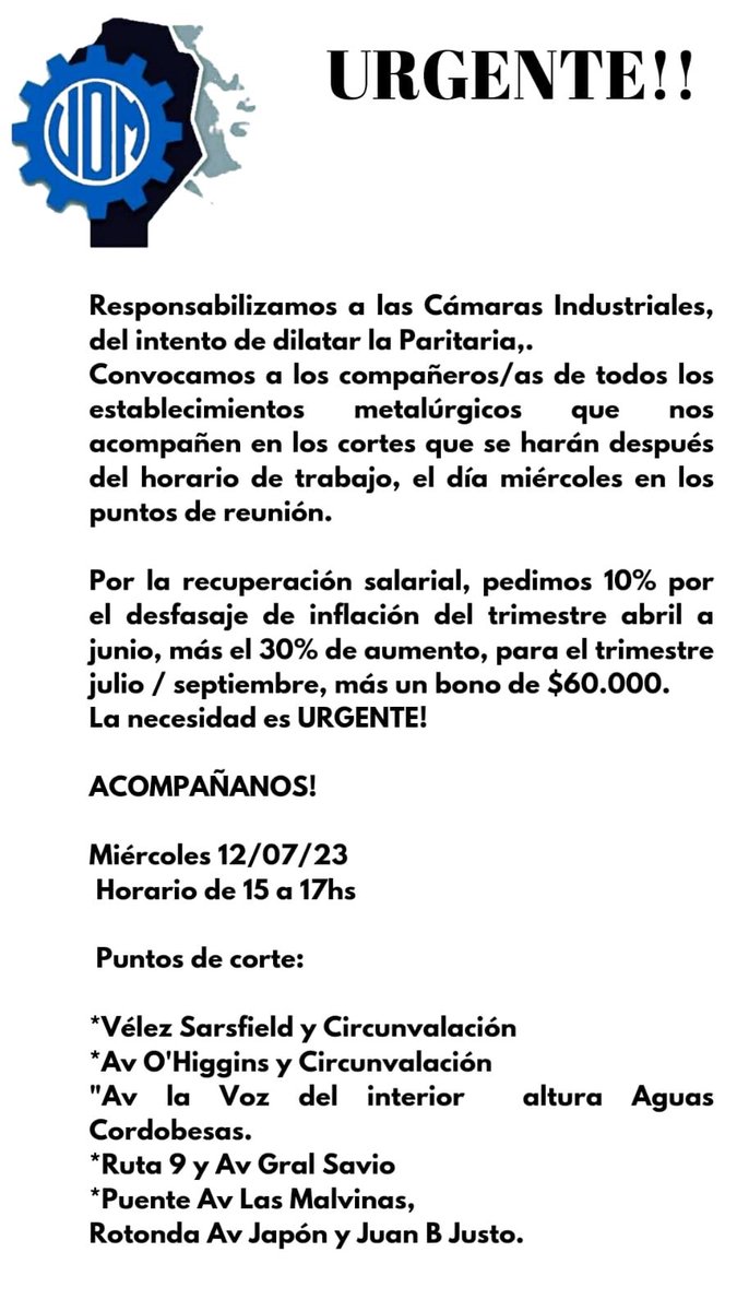 Desde <a href="/UOM_Cordoba/">UOM Córdoba</a> solicitan a las cámaras empresariales no seguir dilatando la paritaria.
Ademas anuncian medidas de fuerza.

#conloslaburantesno 
👇👇👇👇