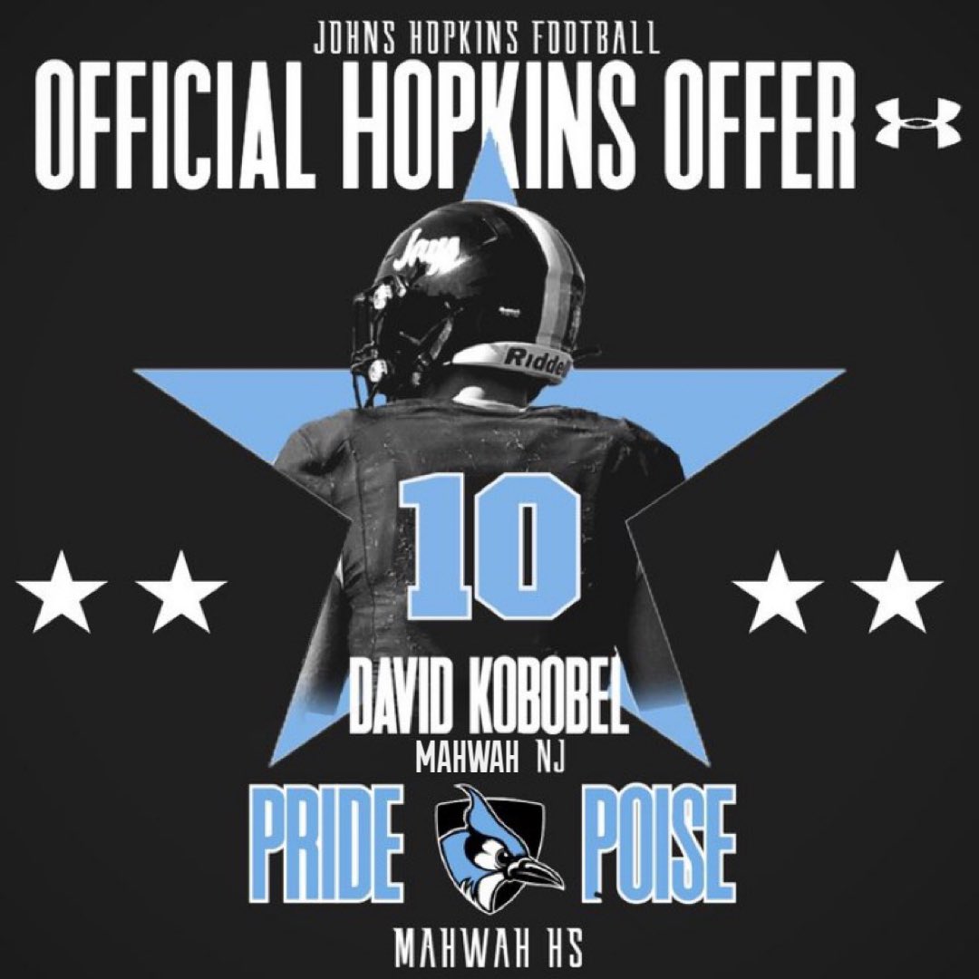 After an awesome conversation with <a href="/Greg_Chimera/">Greg Chimera</a> and the rest of the staff, I’m beyond blessed and honored to say I’ve received my first official offer from the very prestigious John’s Hopkins University!!! #PrideandPoise #AGTG <a href="/JHU_Football/">Johns Hopkins Football</a> <a href="/MahwahFootball/">Mahwah Football</a> <a href="/EQBcoach/">EliteQB</a>
