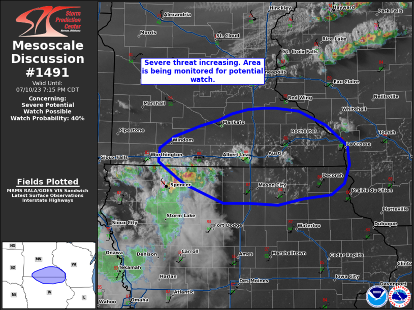 SPC MD 1491 MD 1491 CONCERNING SEVERE POTENTIAL...WATCH POSSIBLE FOR SOUTHERN MINNESOTA AND NORTHERN IOWA

Mesoscale Discussion 1491
NWS Storm Prediction Center Norman OK
0618 PM CDT Mon Jul 10 2023

Areas affected...Southern Minnesota and Northern Iowa
… https://t.co/9CEIa3aoQ1 https://t.co/Sd3szHuACX