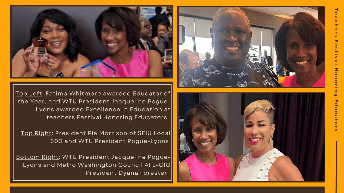 WTUTeacher's tweet photo. @wtuteacher, Congratulations to WTU President Jacqueline Pogue-Lyons on receiving the 2023 Excellence in Education Award and Fatima Whitmore on being named Educator of the Year at the Teachers Festival Honoring Educators on Friday, July 7th! #redfored https://t.co/mtoEwohooL