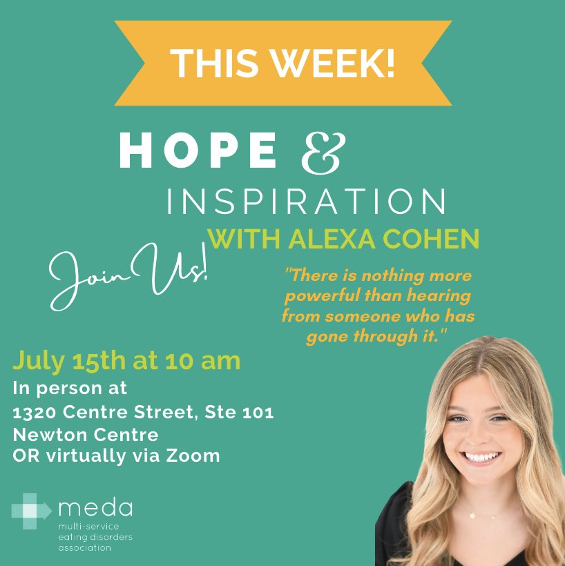 RECOVERwithMEDA's tweet photo. Join us for our next Hope &amp; Inspiration events with Alexa Cohen on July 15th. For the event, we are so excited that Alexa will be sharing her own story of recovery with us.

Registration below.❤️

https://t.co/ABMF7fILBe

#hopeandinspiration #inspiration #recovery https://t.co/QG88rEpeA9