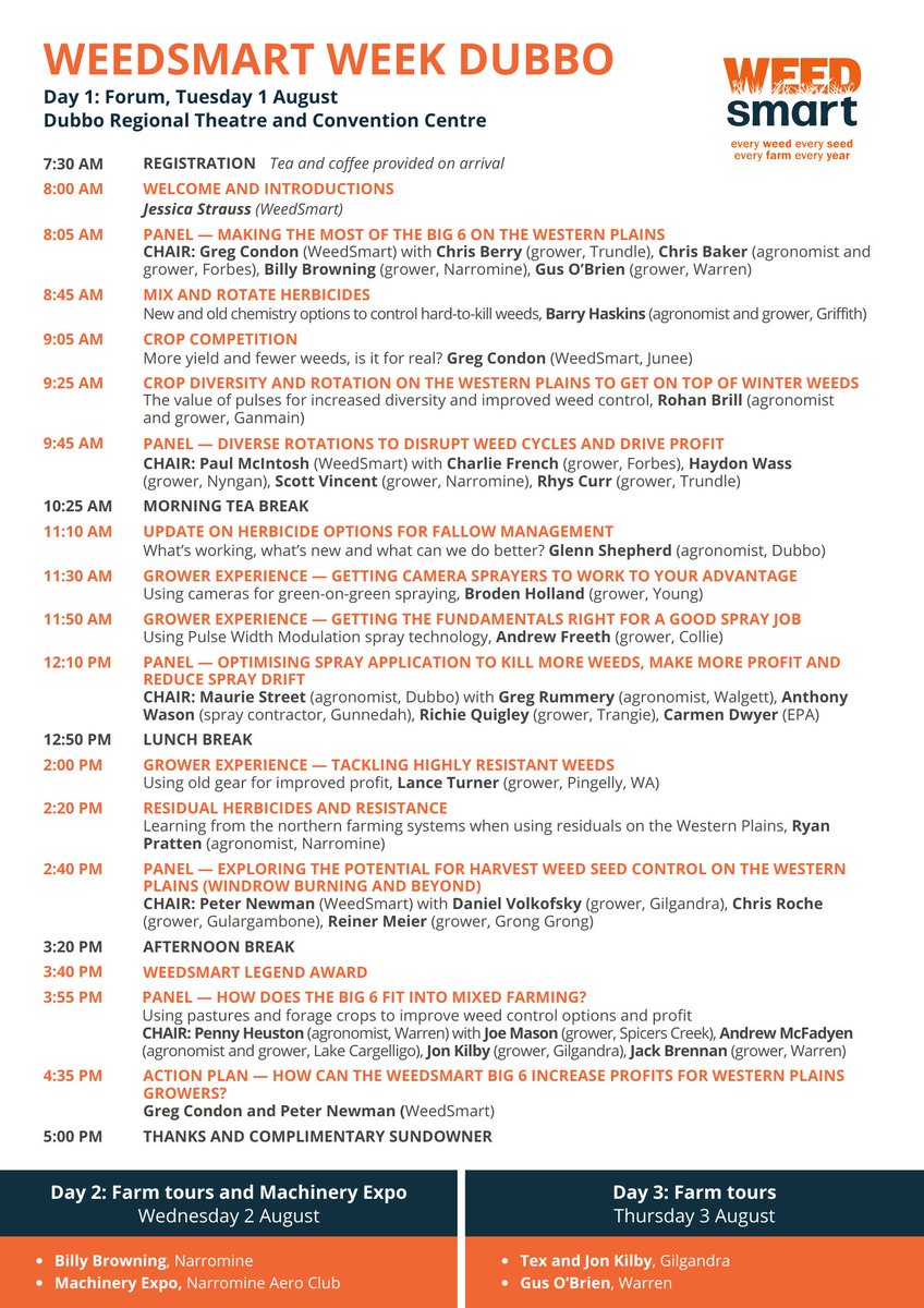 Join us at WeedSmart Week Dubbo, 1 - 3 August.

Innovative growers and agronomists will share practical solutions to optimise crop yields and profit whilst reducing the weed seed bank 🌱

Forum day, machinery expo, farm visits.

Tickets 🎟️ buff.ly/3JEtbo9

Full program ⤵️