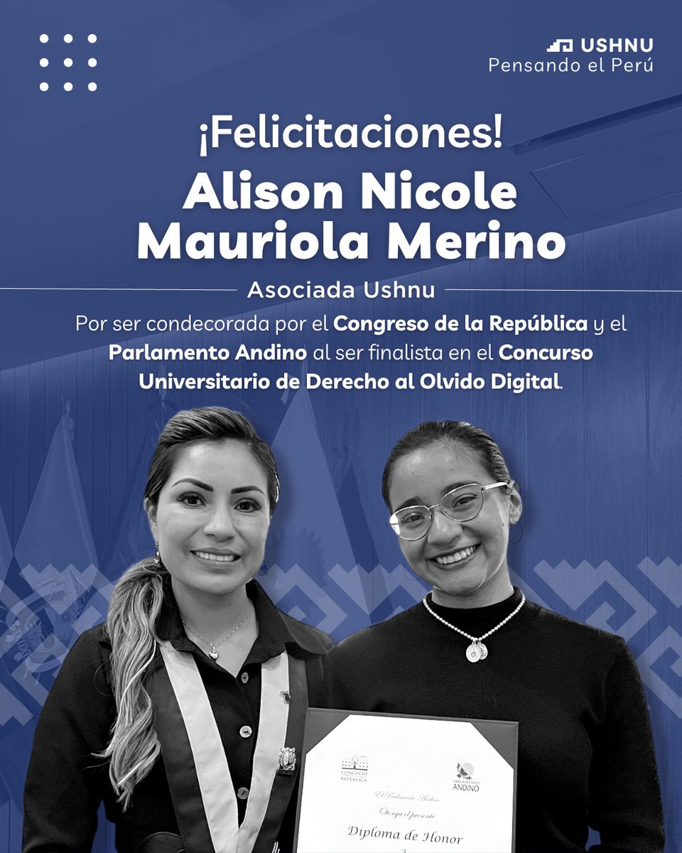 📣 Nos complace informar que Alison Nicole Mauriola Merino (@alison_mauriola) fue condecorada por el @congresoperu y el #ParlamentoAndino al ser finalista en el #ConcursoUniversitariodeDerechoalOlvidoDigital ¡Felicitaciones!👏.
.
.
.

#USHNU
#UshnuPE
#PensandoElPerú