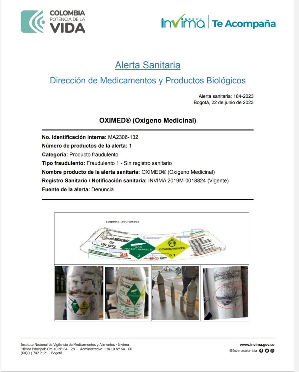 asofarmacovig's tweet photo. ⚠️🚨🇨🇴¡¡Atención!! #AlertaSanitaria del @invimacolombia advierte a la ciudadanía sobre la comercialización fraudulenta del producto OXIMED® (Oxígeno Medicinal). Este producto está siendo objeto de falsificación, por lo tanto, su comercialización en Colombia es ilegal.
.
. https://t.co/kMVDMXFVHI