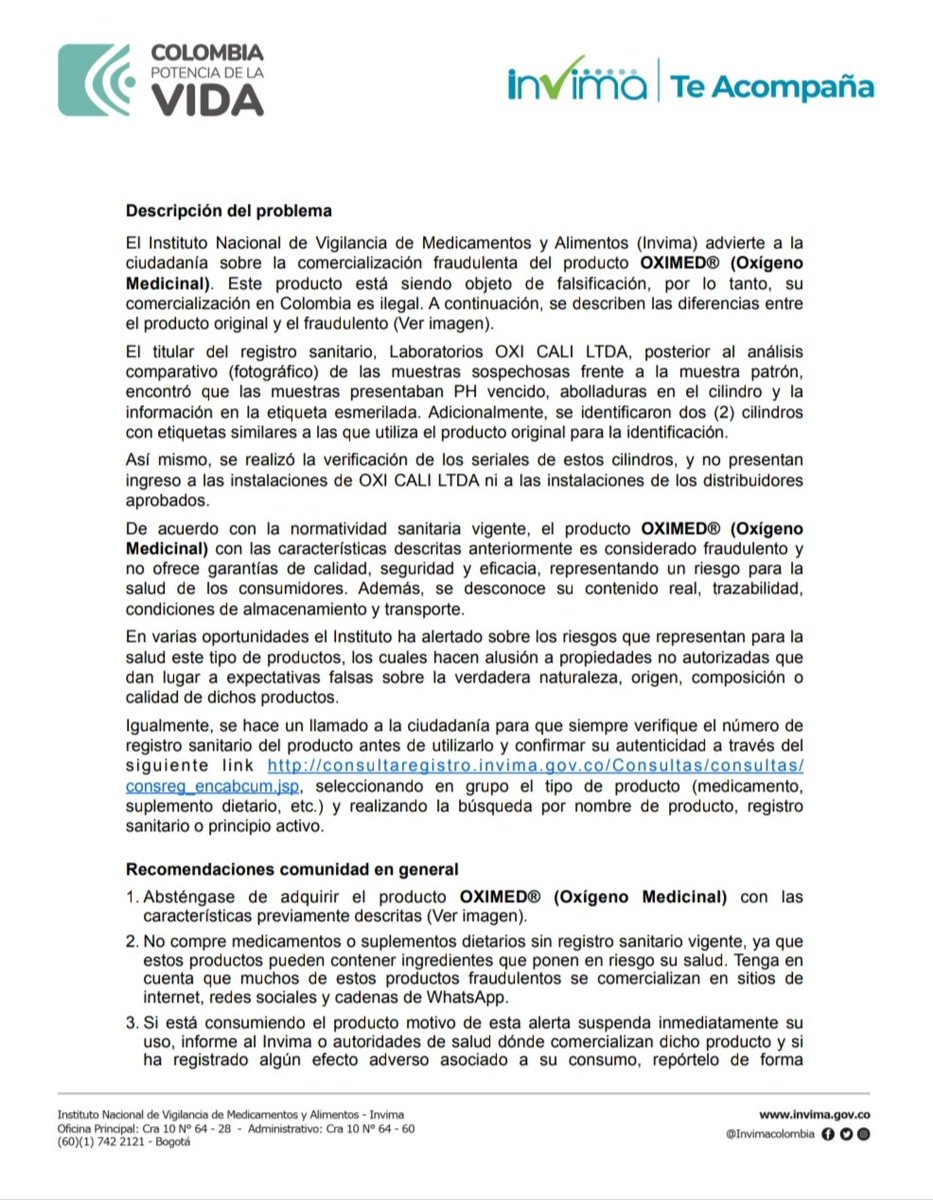 asofarmacovig's tweet photo. ⚠️🚨🇨🇴¡¡Atención!! #AlertaSanitaria del @invimacolombia advierte a la ciudadanía sobre la comercialización fraudulenta del producto OXIMED® (Oxígeno Medicinal). Este producto está siendo objeto de falsificación, por lo tanto, su comercialización en Colombia es ilegal.
.
. https://t.co/kMVDMXFVHI