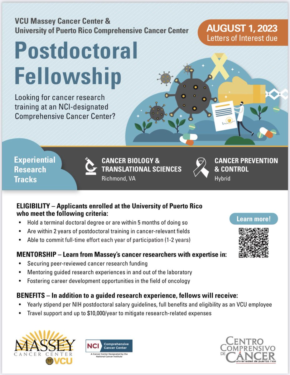 We are proud to promote this amazing postdoctoral fellowship opportunity beteeen <a href="/VCUMassey/">VCU Massey Comprehensive Cancer Center</a> and the <a href="/cccupr/">Centro Comprensivo de Cancer UPR</a>! Visit the link for more details of the #BRIDGE  Program! 👇🏼👇🏼
lnkd.in/gz5rhv5Z