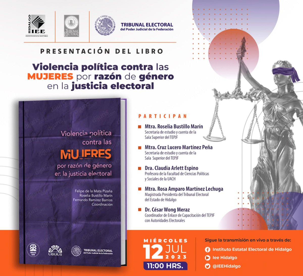 Les invitamos a la presentación del libro "Violencia política contra las mujeres por razón de género en la justicia electoral". Contaremos con la participación de personalidades del <a href="/TEPJF_informa/">Tribunal Electoral del PJF</a> y el <a href="/teehgo/">TEEHidalgo</a>.
🗓 12 de julio 🕑11:00 horas a través del las redes <a href="/IEEHidalgo/">Instituto Estatal Electoral de Hidalgo</a>.