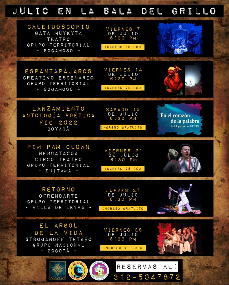 SomosAtabanza's tweet photo. La SALA DEL GRILLO de ATABANZA
Presenta la 𝗣𝗥𝗢𝗚𝗥𝗔𝗠𝗔𝗖𝗜𝗢́𝗡 para el mes de 𝗝𝗨𝗟𝗜𝗢
Así que agéndense y reserven desde ahora... Hagan parte de la magia, las sonrisas, el asombro y la buena vibración; hagan parte de este tejido de amig@s ... Les esperamos. https://t.co/oDjTglfq1n