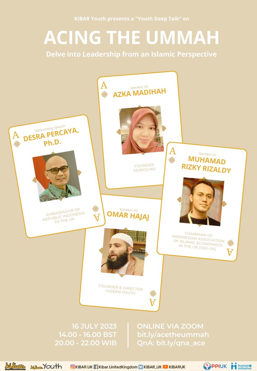 Save the date!
📅 Date: Sunday, 16th July 2023
⌚ Time: 14.00 - 15.45 BST
📍Venue: Online via Zoom Meeting. Link to join: bit.ly/acetheummah

Claim your free certificate ✅
Register here : bit.ly/ILeadershipTalk

See you there!

KIBAR Youth
(Divisi Anak &amp; Remaja)
