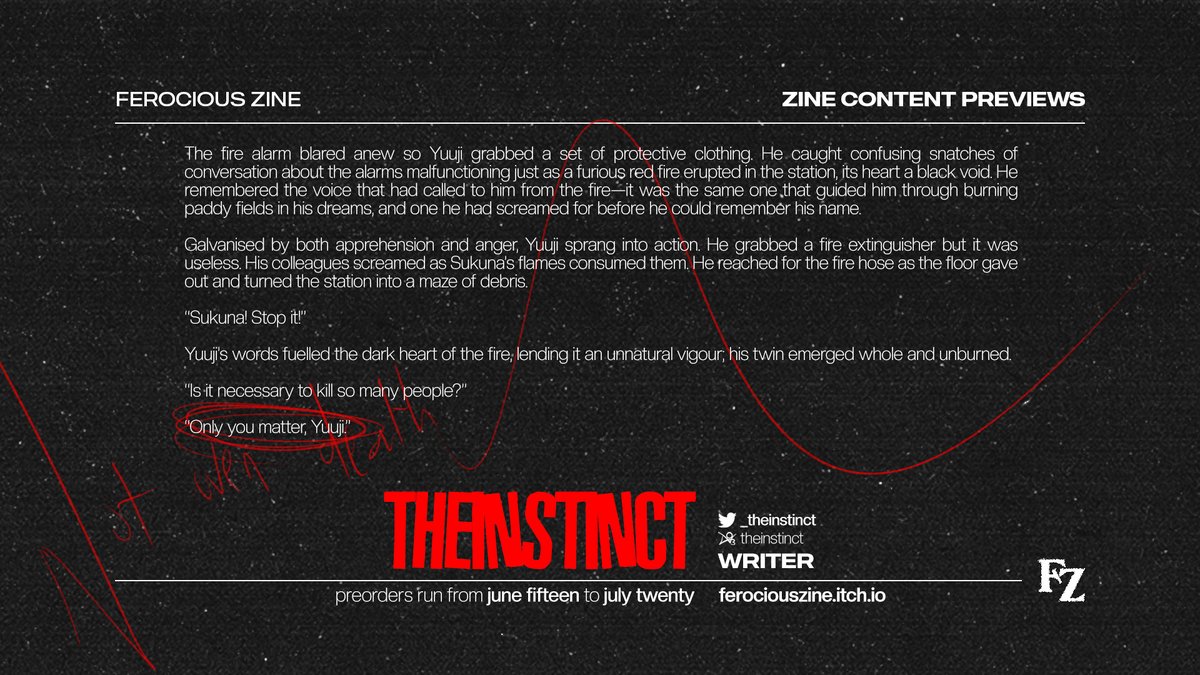 _theinstinct's tweet photo. I wrote something for @ferociouszine and this is my preview! It's my first time writing firefighter!Yuji and I had a lot of fun 🔥 

POs are still open and you can grab a copy at https://t.co/eFrbUQevMM ! https://t.co/MwtLi3g0MF