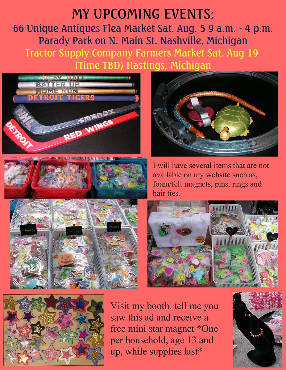 IncredCraftCrea's tweet photo. Here are my upcoming events!
#Michigan #WestMichigan #handmade #crafts #jewelry #homedecor #hairaccessories #magnets #toys #fleamarket #farmersmarket https://t.co/1CYIsDFr2h