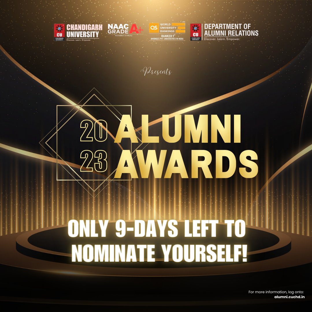 Only 9 Days Left to Nominate Yourself!
Take a moment today to submit your nomination and join the league of outstanding alumni.
Let's honor excellence together!
Nomination Link: forms.gle/THTrd6AFLRCQce….
#AlumniAwards #NominateYourself #RecognizingAchievements