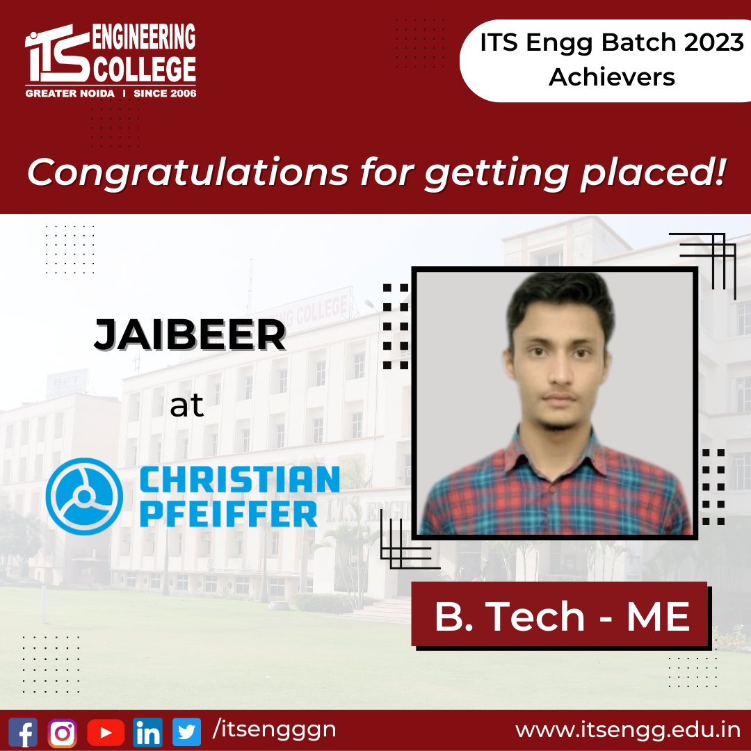 ITSEngggn's tweet image. Congratulations! 🌟
It is a pleasure to announce that a student of the #BtechME 2023 - JAIBEER, has been successfully placed in &quot;CHRISTIAN PFEIFFER INDIA&quot;. ITS Engineering College offers their heartiest #Congratulations for their achievement.
#ITSEC #itsengg #jobPlacement