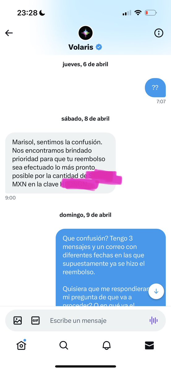 marisolwatanabe's tweet photo. @viajaVolaris A 6 meses de que se generó mi reembolso y no lo he recibido. 
Me siguen dando largas que de 7 a 12 días hábiles lo veré reflejado y no me llega nada y luego al volver a preguntar me vuelven a preguntar toda o más información para hacerlo cuando supuestamente ya estaba hecho https://t.co/Zbq5fbL6yN